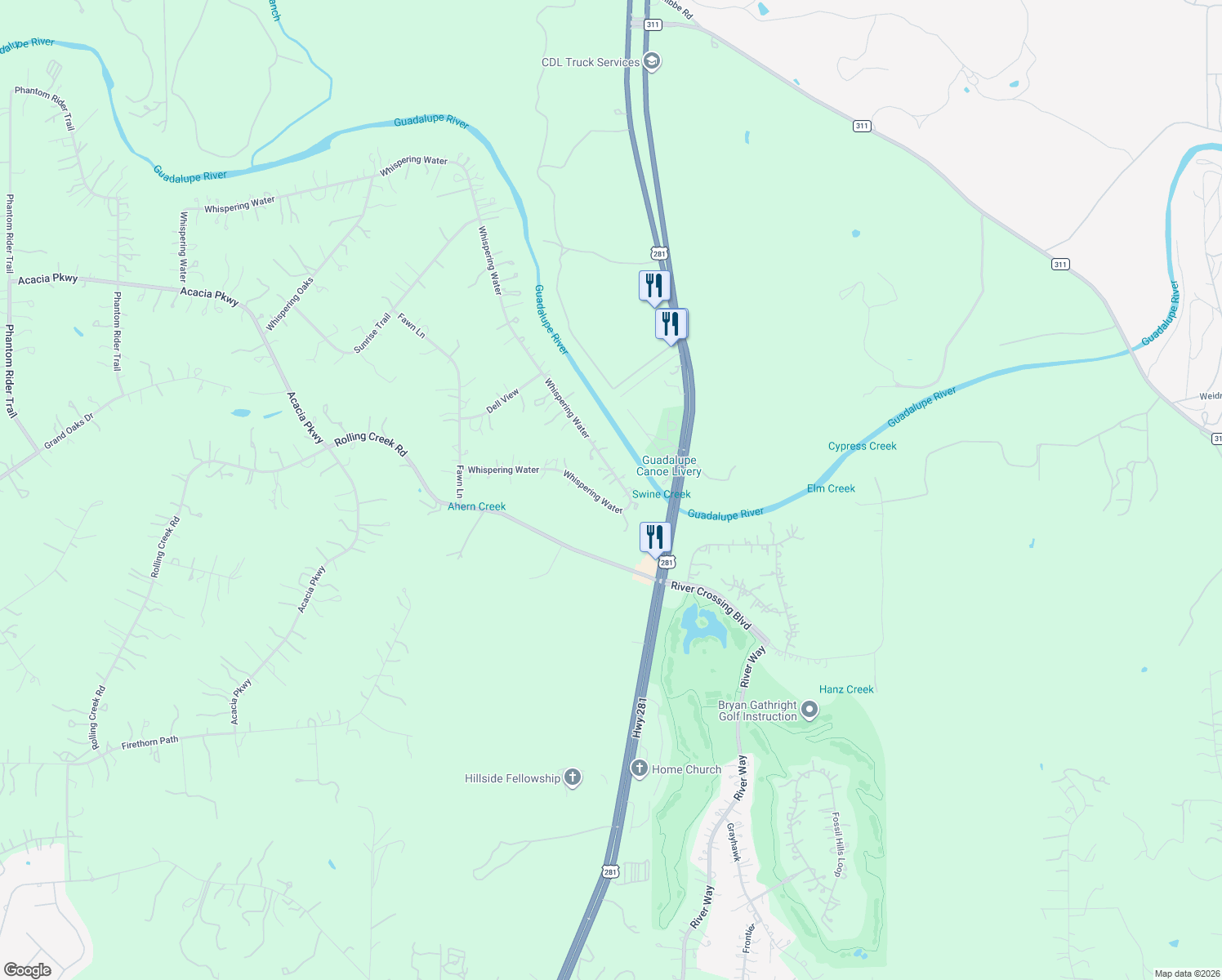 map of restaurants, bars, coffee shops, grocery stores, and more near 1203 Whispering Water in Spring Branch