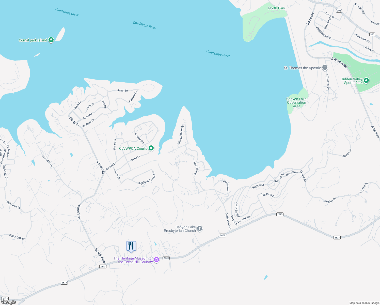 map of restaurants, bars, coffee shops, grocery stores, and more near 2230 Triple Peak Drive in Canyon Lake