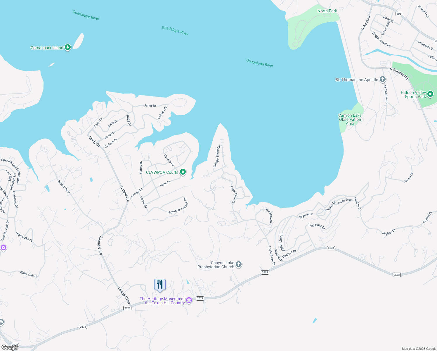 map of restaurants, bars, coffee shops, grocery stores, and more near 2318 Triple Peak Drive in Canyon Lake