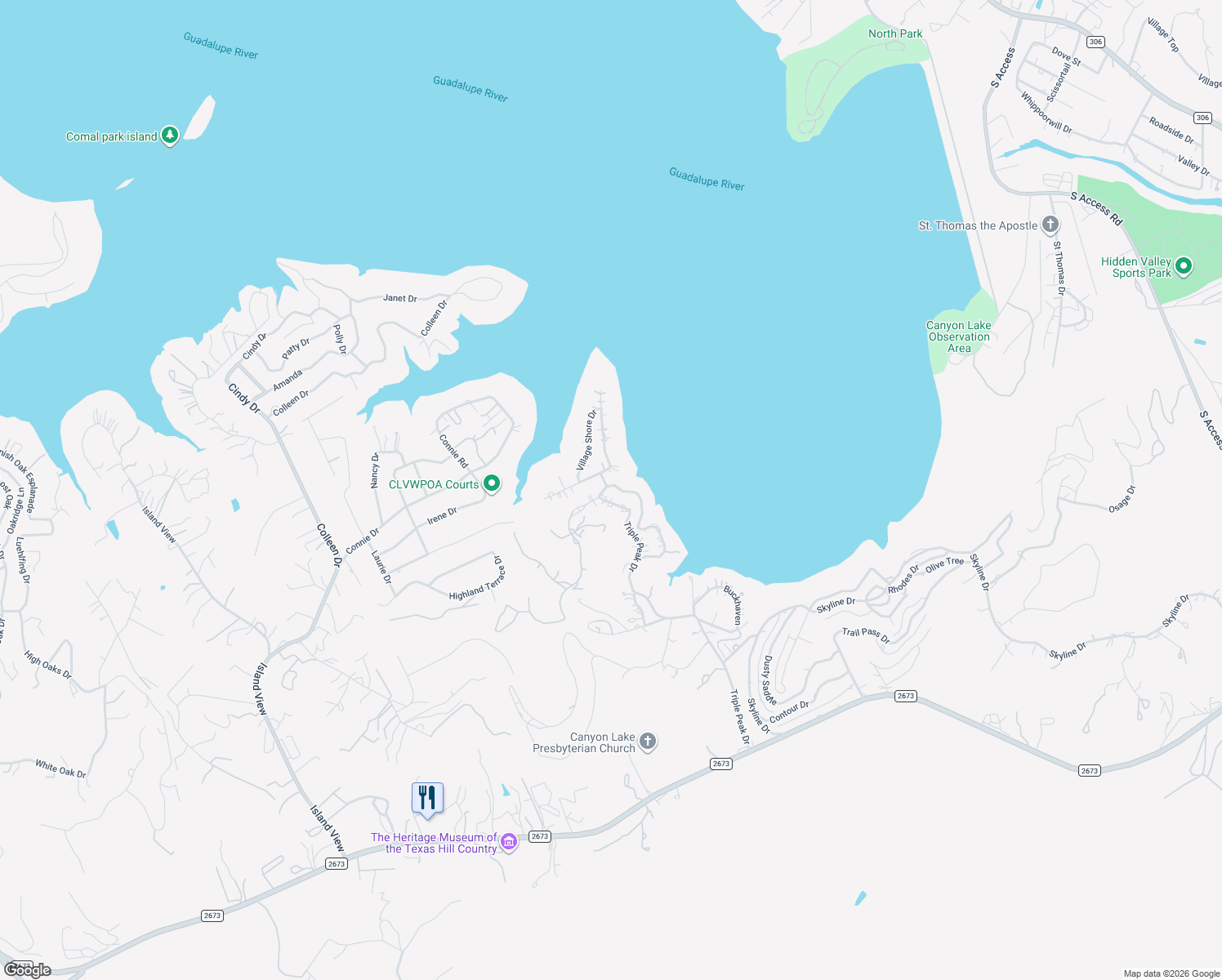map of restaurants, bars, coffee shops, grocery stores, and more near 2230 Triple Peak Drive in Canyon Lake