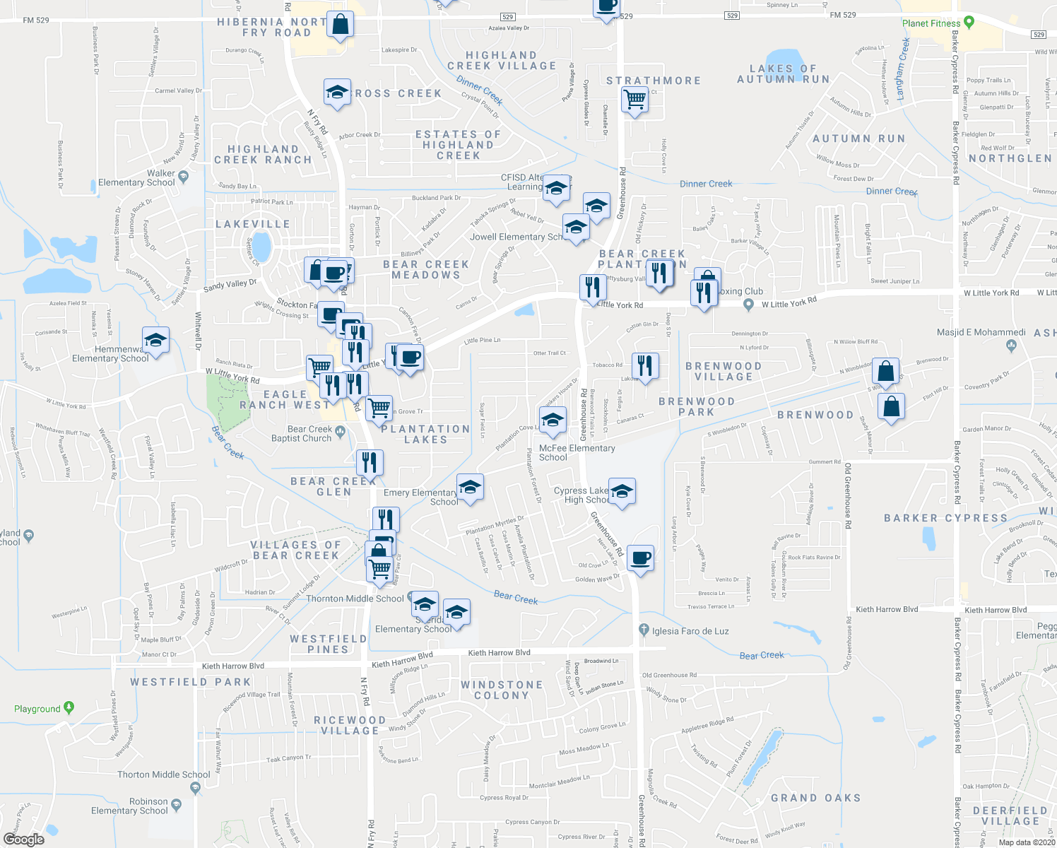 map of restaurants, bars, coffee shops, grocery stores, and more near 5565 Plantation Forest Drive in Katy