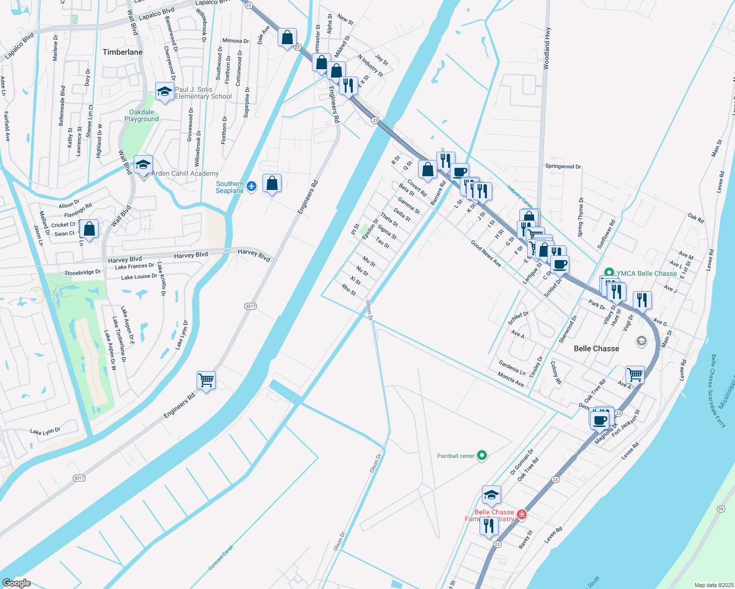 map of restaurants, bars, coffee shops, grocery stores, and more near 1104 Barriere Road in Belle Chasse