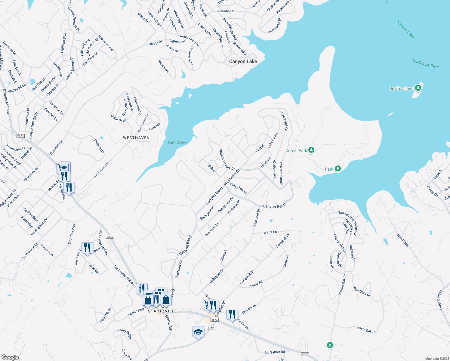 map of restaurants, bars, coffee shops, grocery stores, and more near 2129 Westview Dr in Canyon Lake