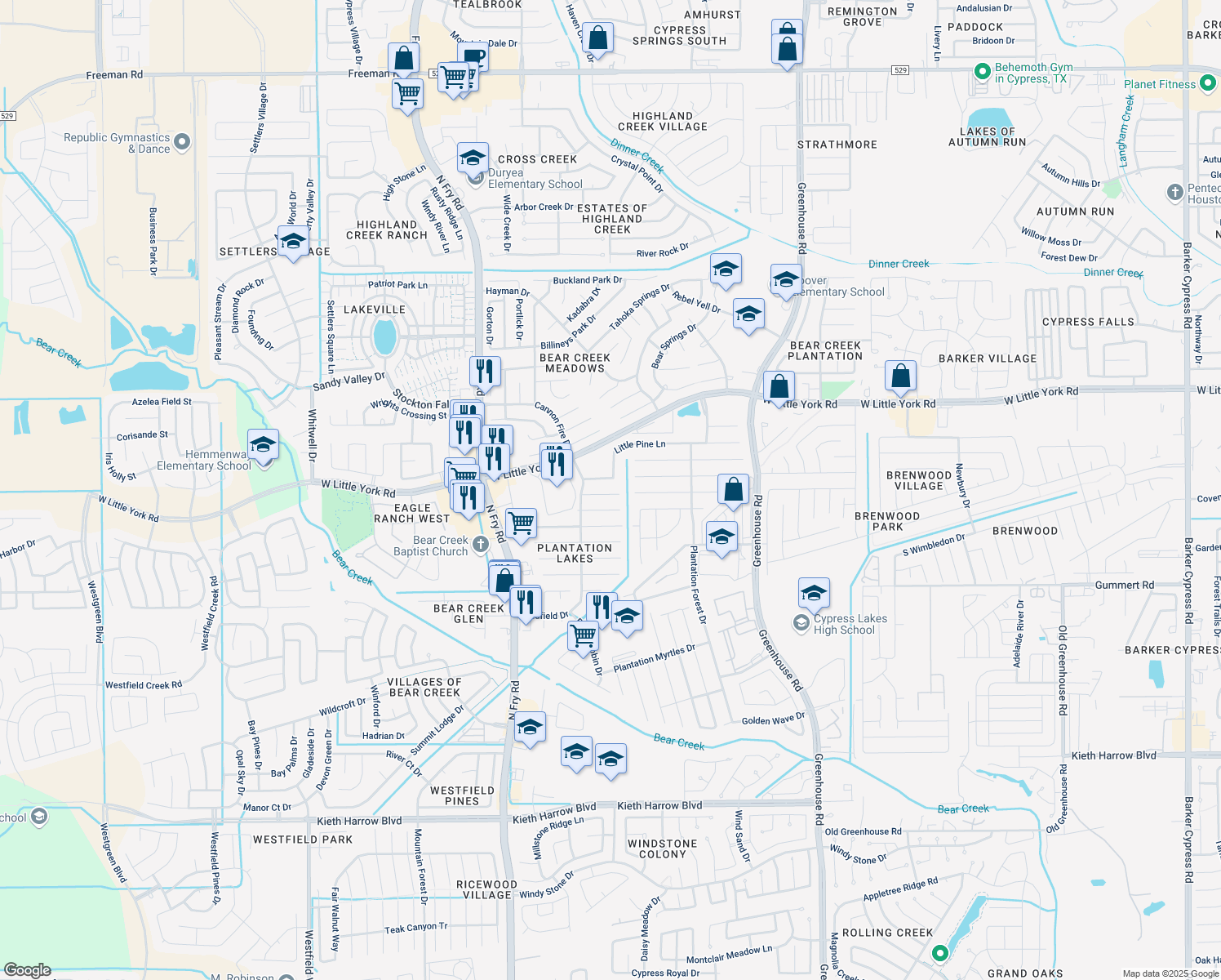 map of restaurants, bars, coffee shops, grocery stores, and more near 19614 Green Oasis Court in Katy
