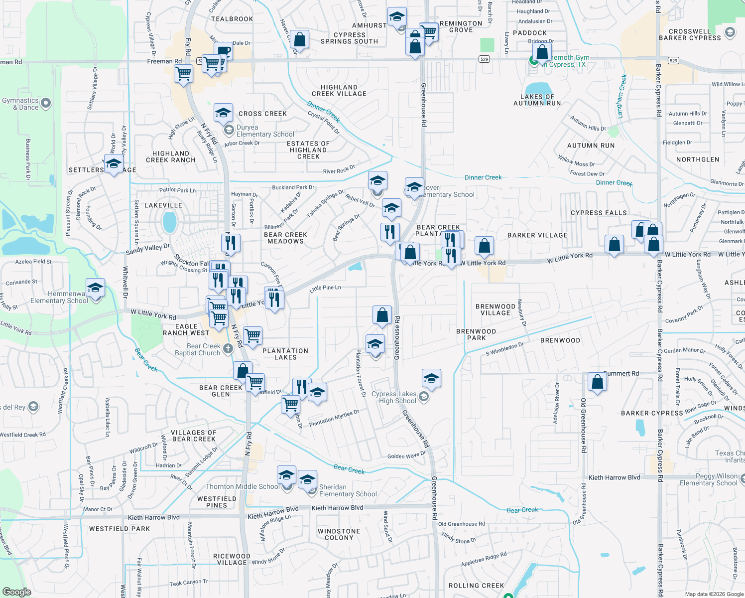 map of restaurants, bars, coffee shops, grocery stores, and more near 19331 Otter Trail Court in Katy