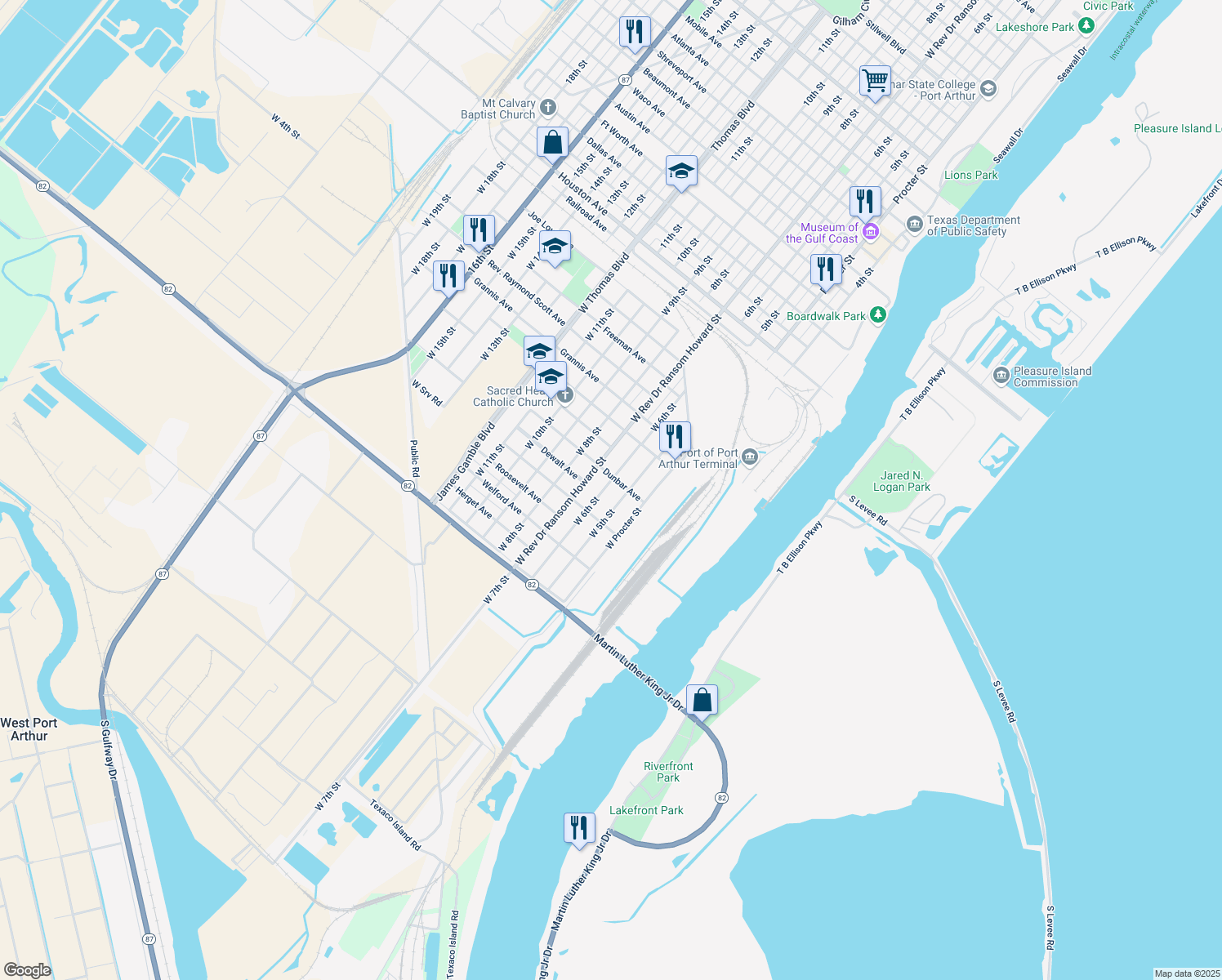 map of restaurants, bars, coffee shops, grocery stores, and more near 1020 W 6th St in Port Arthur
