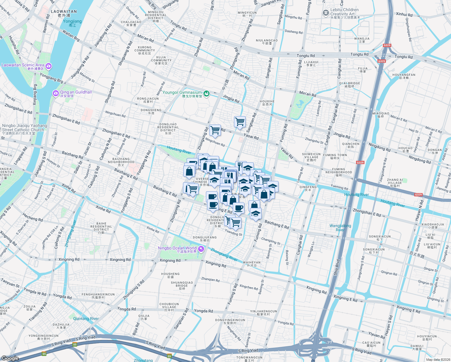 map of restaurants, bars, coffee shops, grocery stores, and more near in Ning Bo Shi
