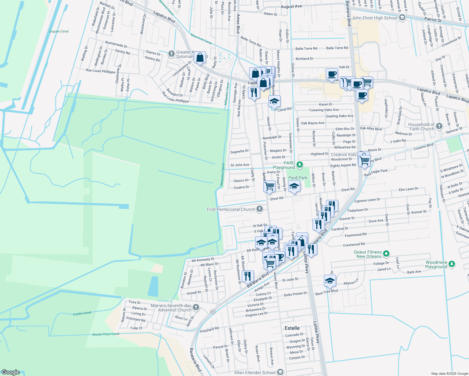 map of restaurants, bars, coffee shops, grocery stores, and more near 5877 Coubra Drive in Marrero