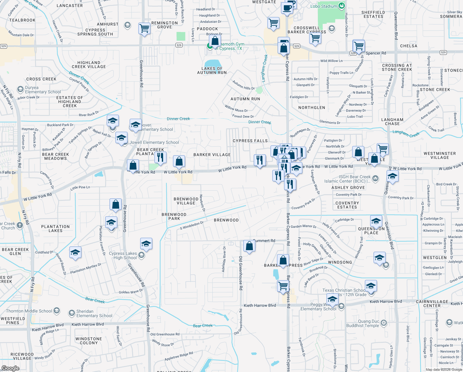 map of restaurants, bars, coffee shops, grocery stores, and more near 18450 North Willow Bluff Road in Katy