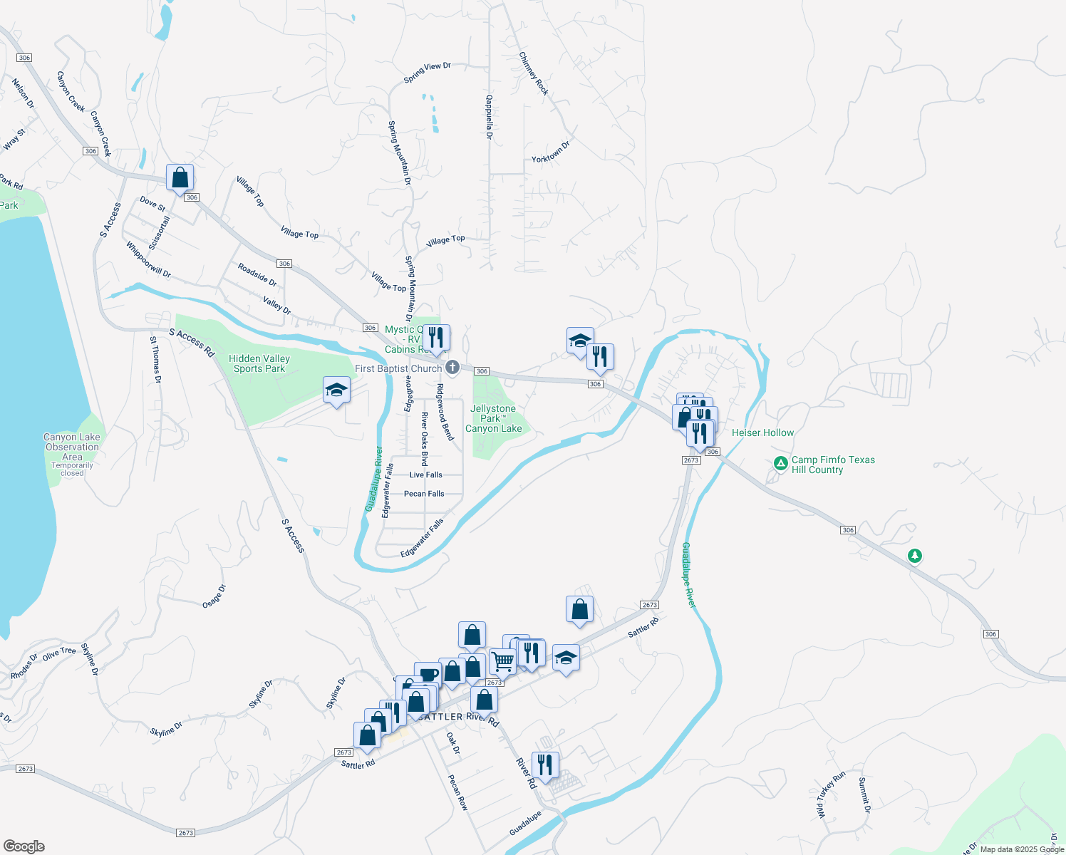 map of restaurants, bars, coffee shops, grocery stores, and more near 365 Maricopa Drive in Canyon Lake