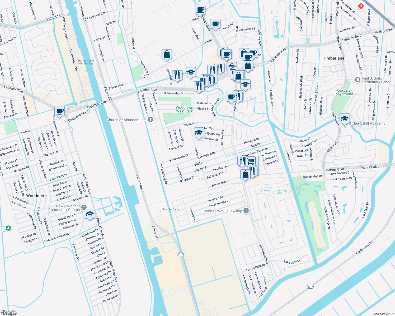map of restaurants, bars, coffee shops, grocery stores, and more near 2720 Jupiter Street in Harvey