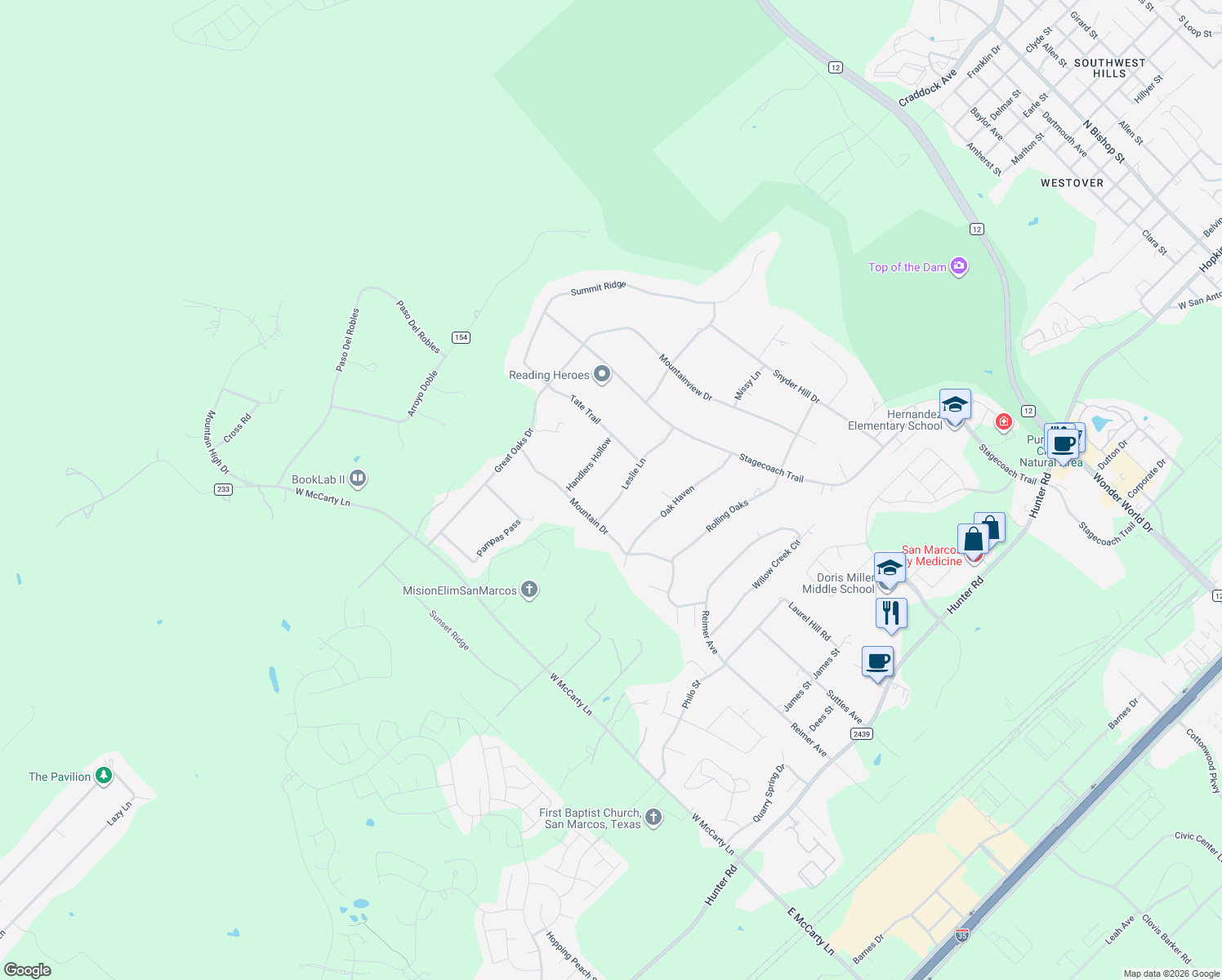 map of restaurants, bars, coffee shops, grocery stores, and more near 2718 Leslie Lane in San Marcos