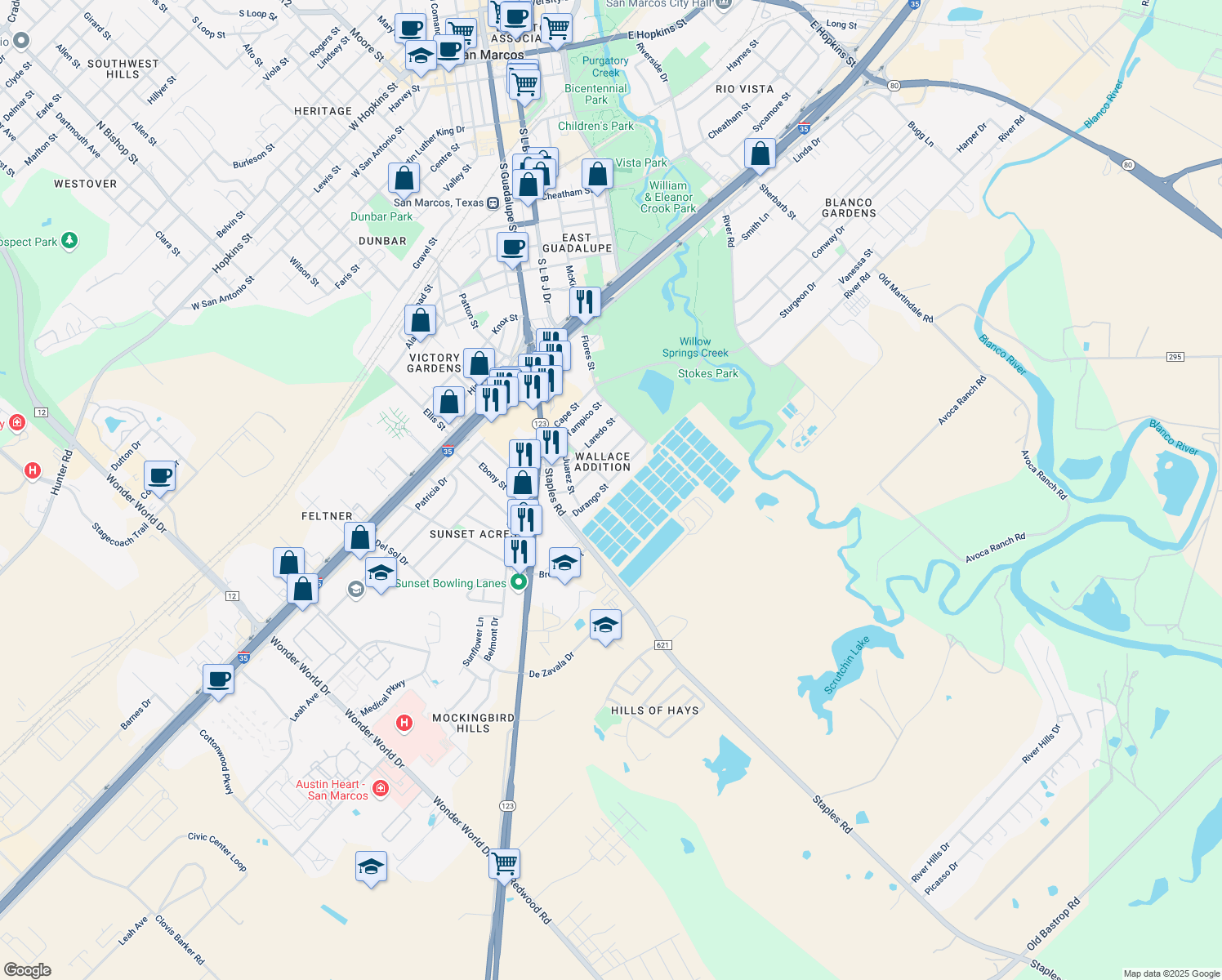 map of restaurants, bars, coffee shops, grocery stores, and more near 224 Durango Street in San Marcos