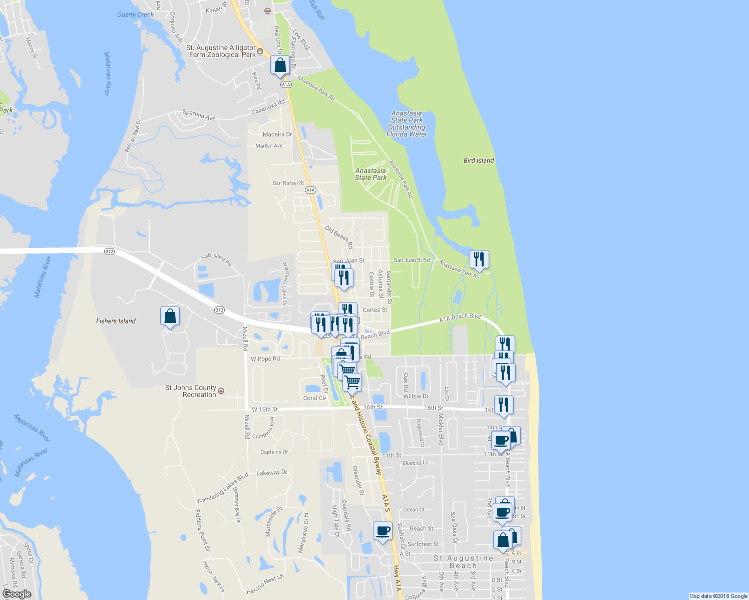 map of restaurants, bars, coffee shops, grocery stores, and more near 1800 Castile Street in St. Augustine