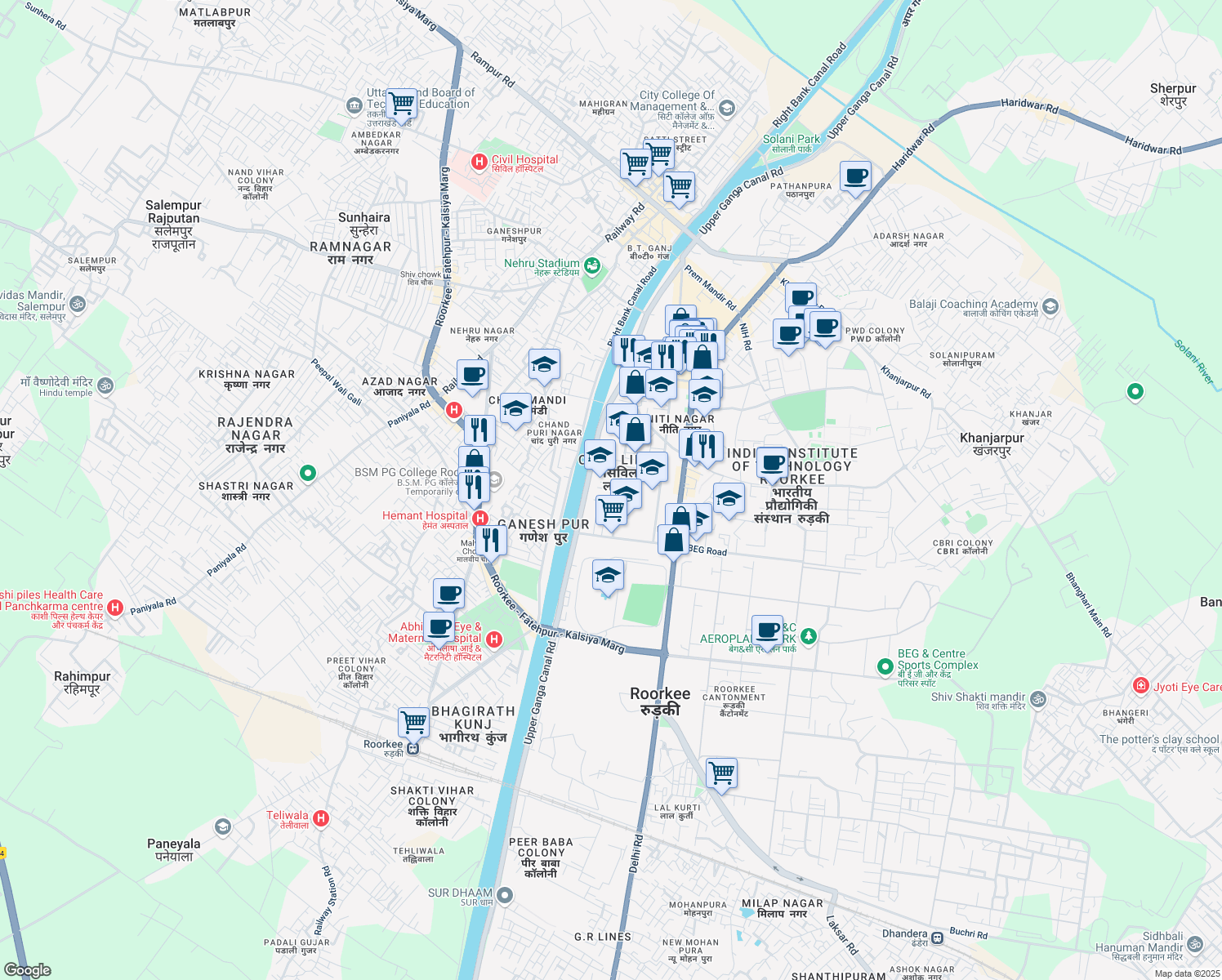 map of restaurants, bars, coffee shops, grocery stores, and more near 37 Jadugar Road in Roorkee
