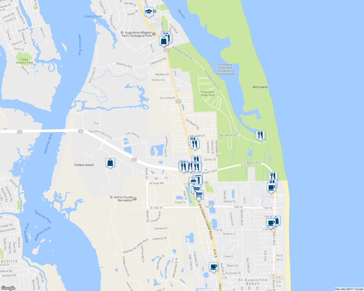 map of restaurants, bars, coffee shops, grocery stores, and more near 4 Grandview Road in St. Augustine