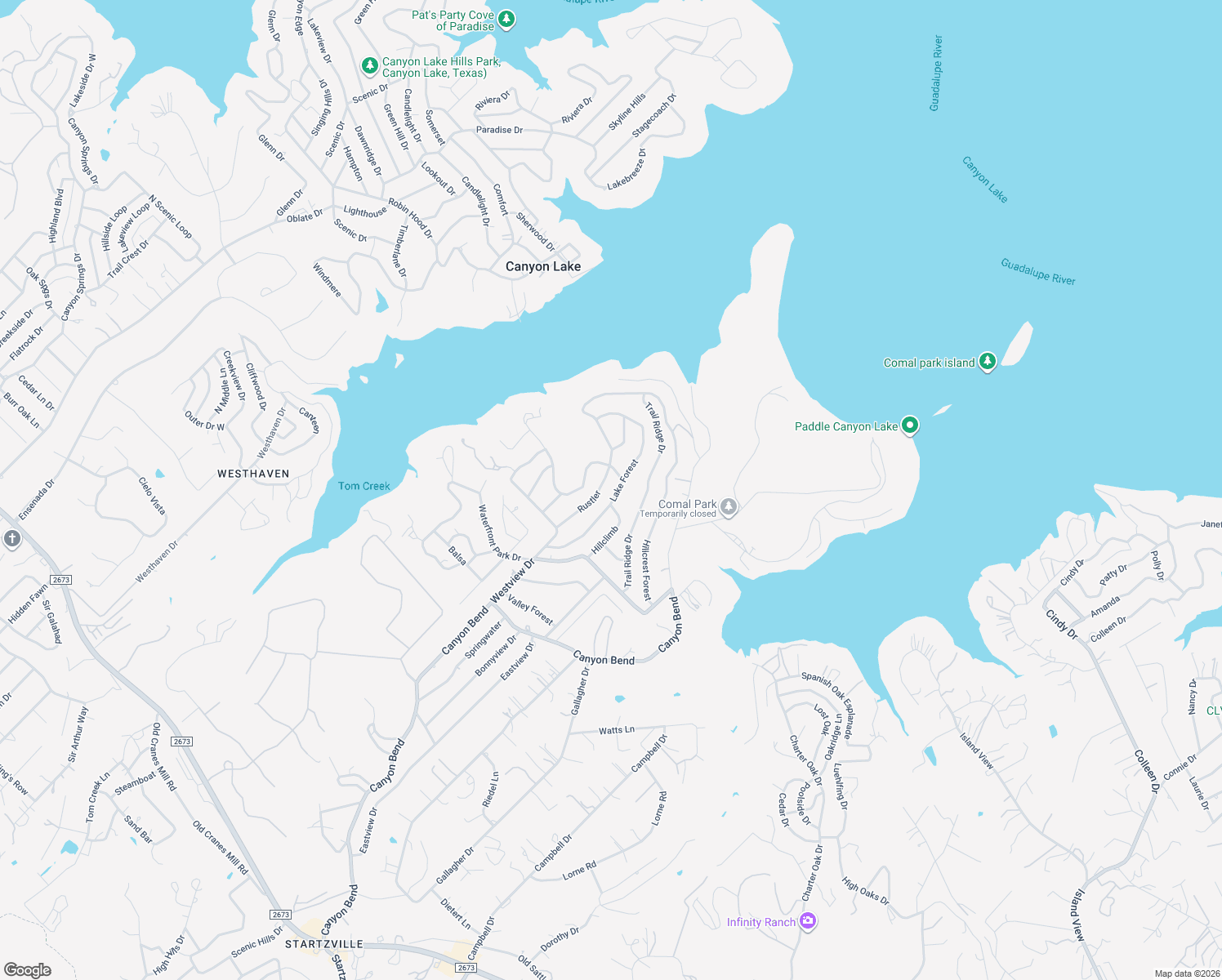 map of restaurants, bars, coffee shops, grocery stores, and more near 433 Lake Forest in Canyon Lake