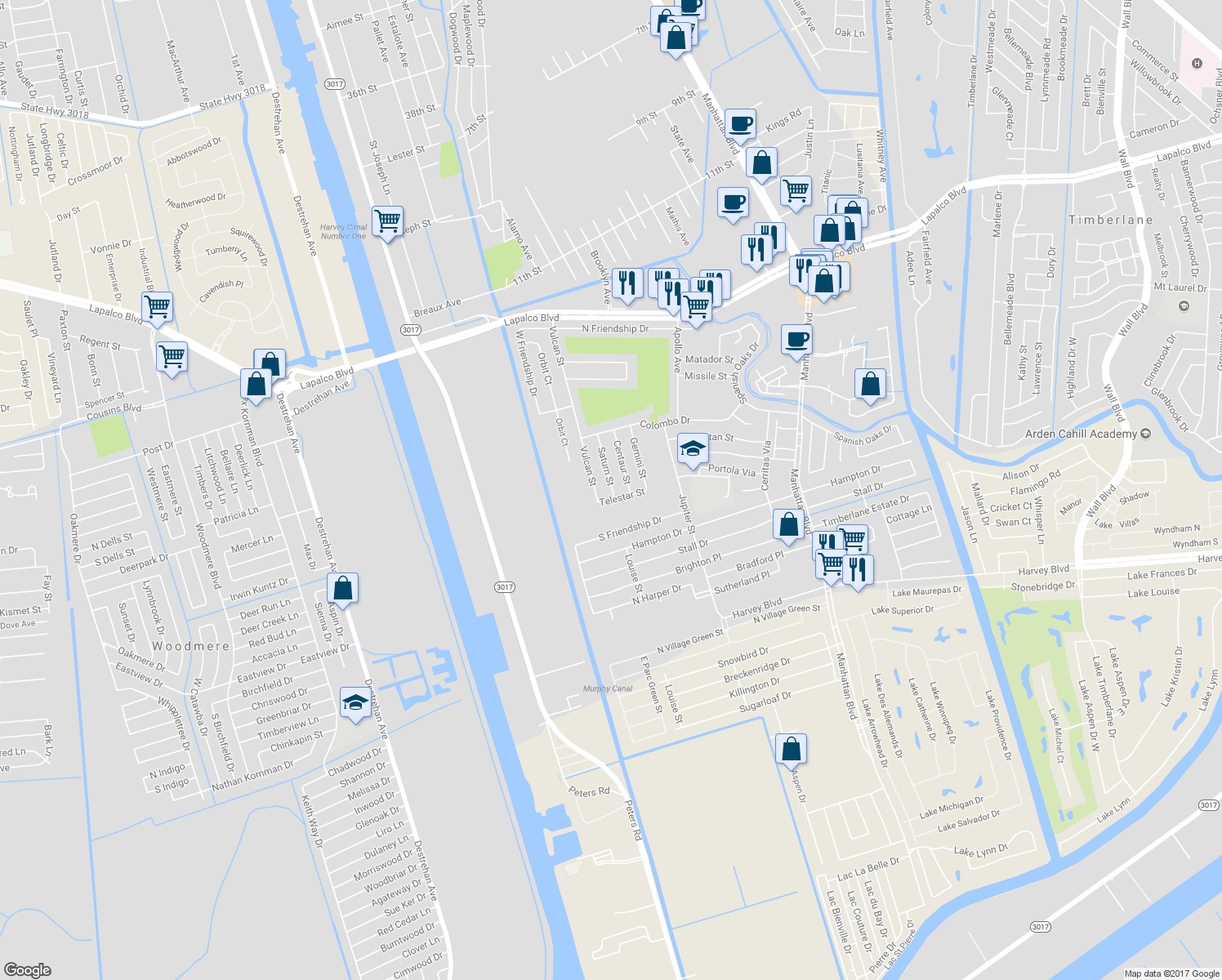 map of restaurants, bars, coffee shops, grocery stores, and more near 2680 Saturn Street in Harvey
