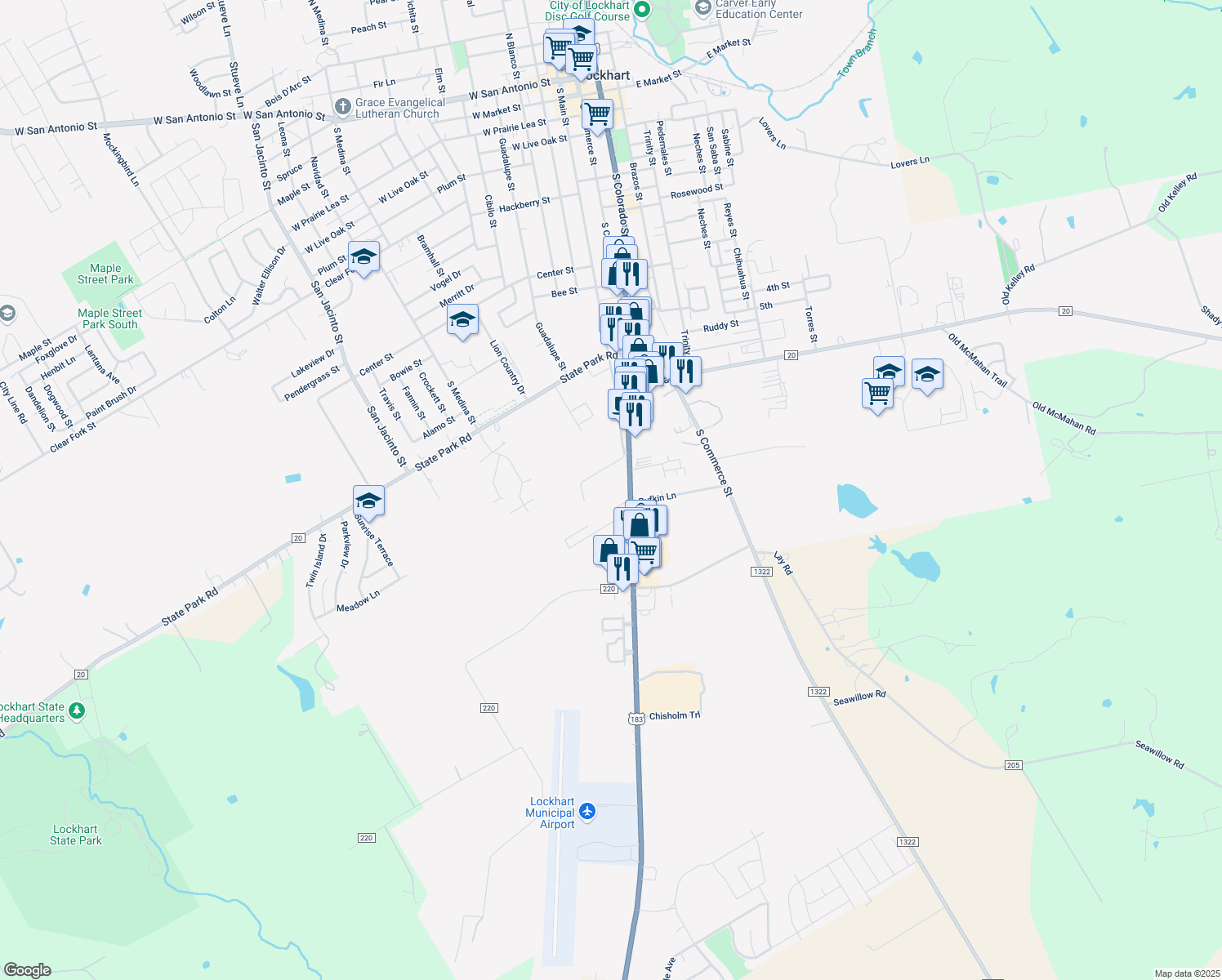 map of restaurants, bars, coffee shops, grocery stores, and more near 1501 South Main Street in Lockhart