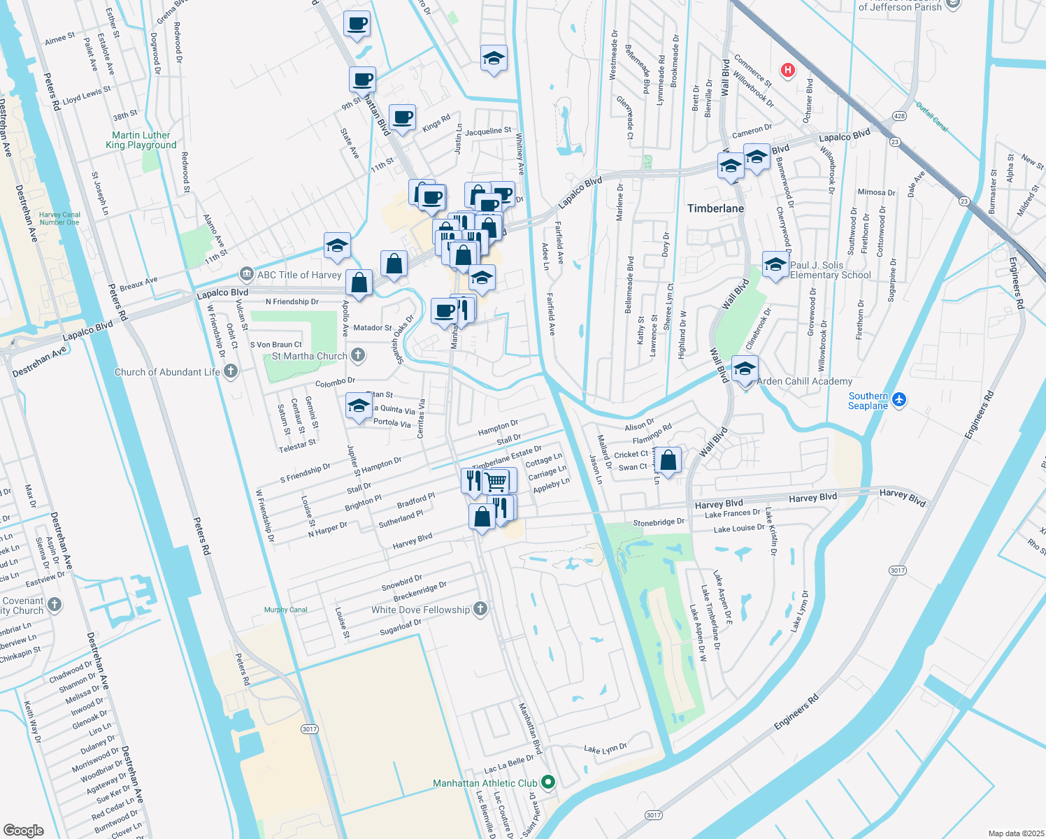 map of restaurants, bars, coffee shops, grocery stores, and more near 1716 Hampton Dr in Harvey