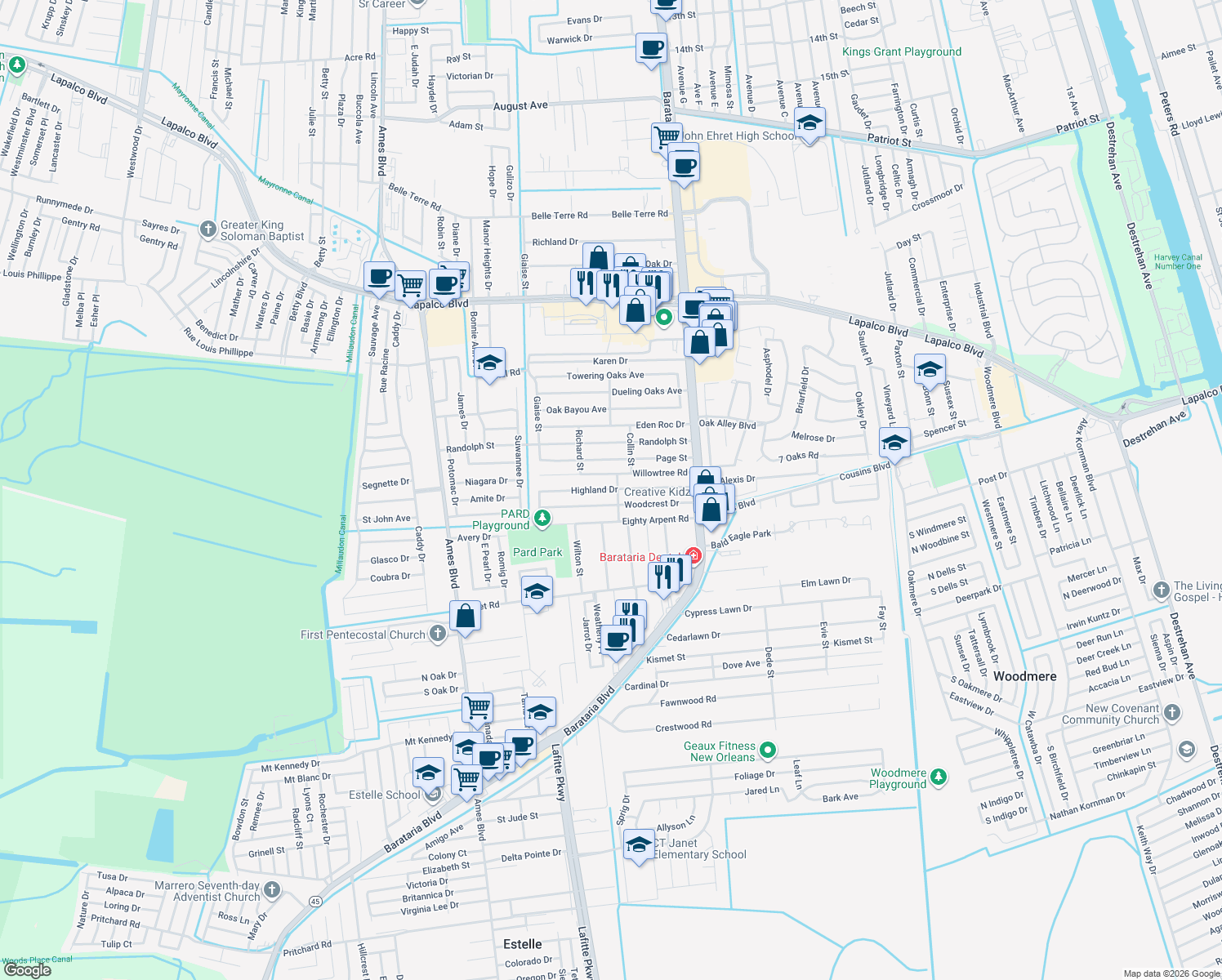 map of restaurants, bars, coffee shops, grocery stores, and more near 5105 Highland Drive in Marrero