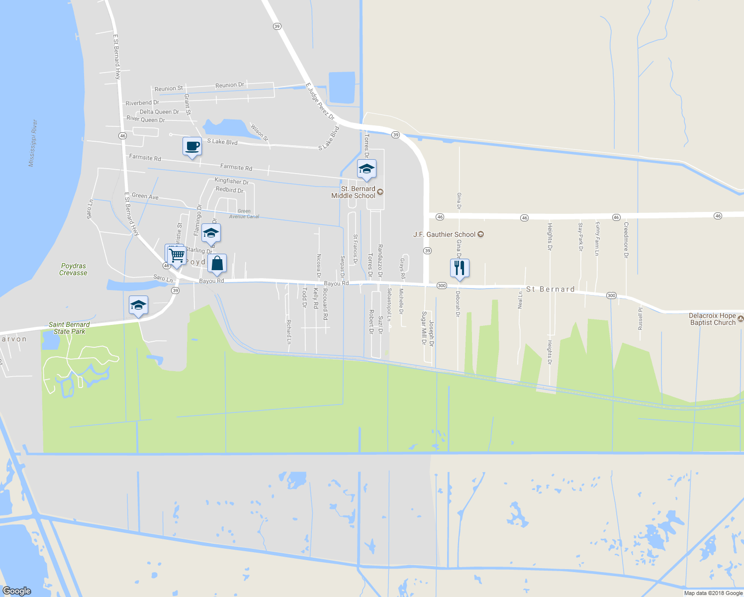 map of restaurants, bars, coffee shops, grocery stores, and more near 1900 Robert Drive in Saint Bernard