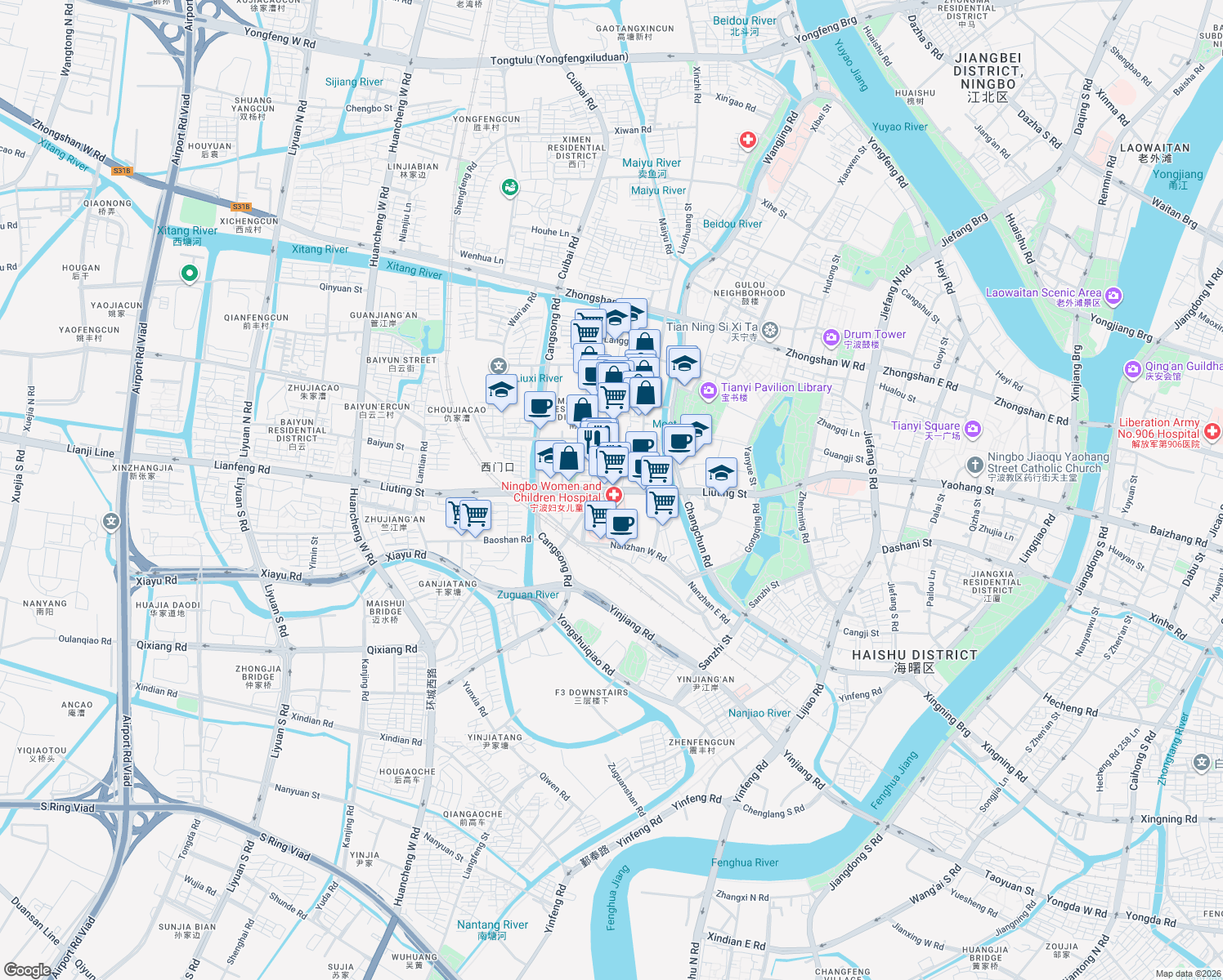 map of restaurants, bars, coffee shops, grocery stores, and more near Liu Ting Jie in Ning Bo Shi