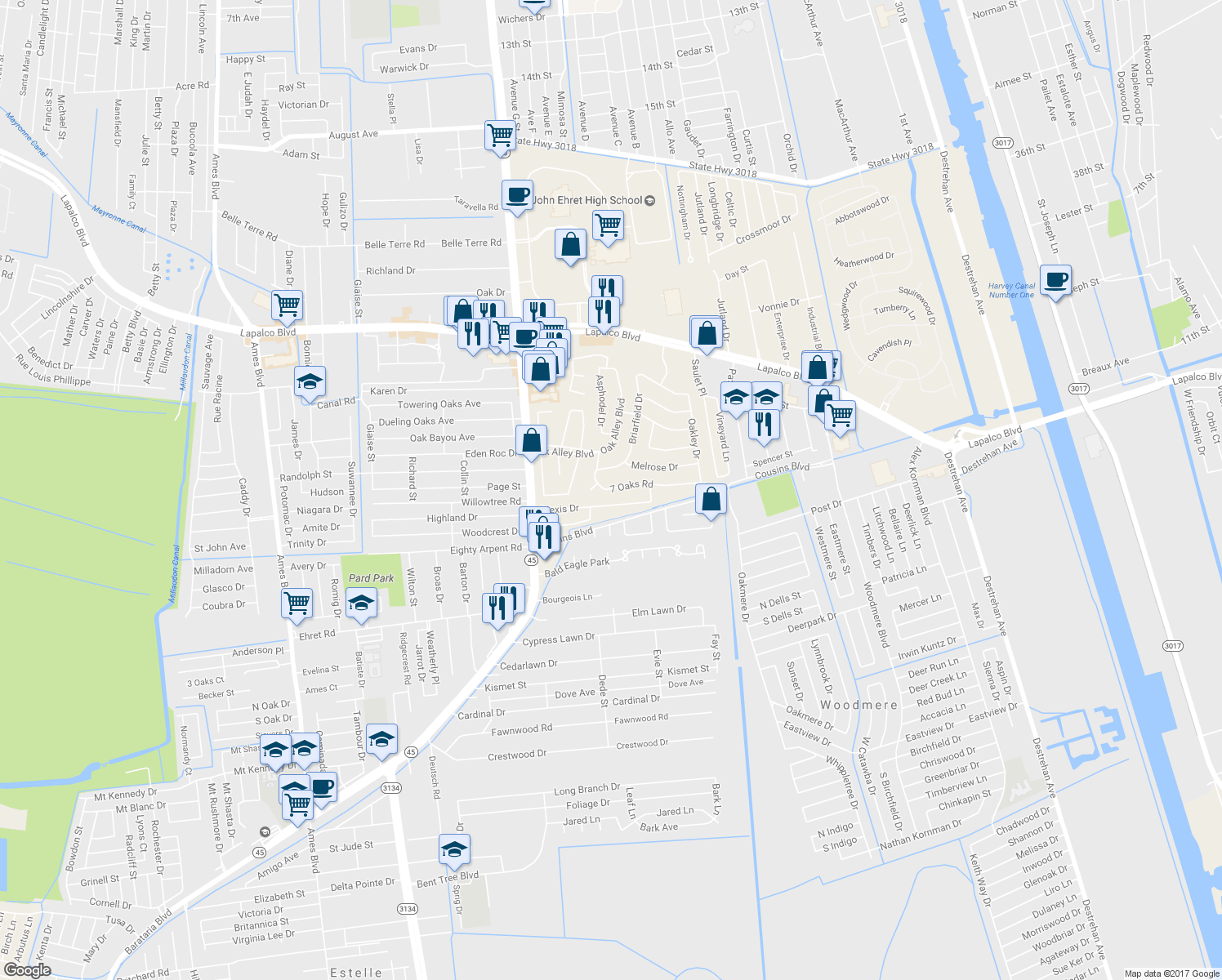 map of restaurants, bars, coffee shops, grocery stores, and more near 23 7 Oaks Road in Marrero