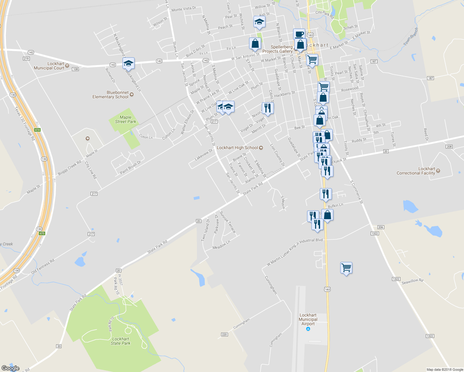map of restaurants, bars, coffee shops, grocery stores, and more near 1007 San Jacinto Street in Lockhart