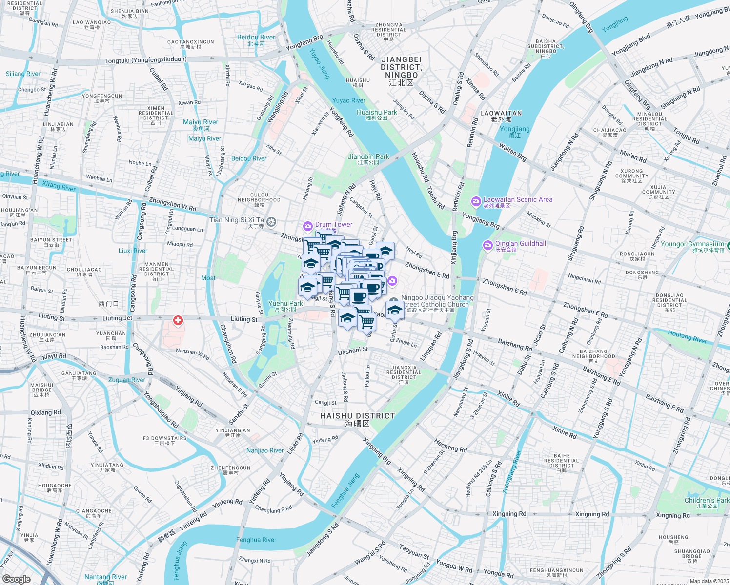 map of restaurants, bars, coffee shops, grocery stores, and more near Kai Ming Jie in Ning Bo Shi