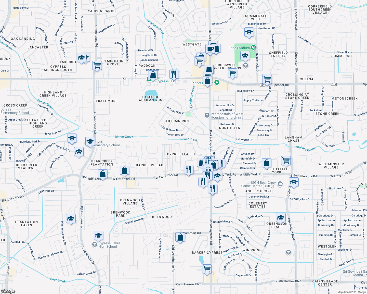 map of restaurants, bars, coffee shops, grocery stores, and more near 6431 Stone Landing Lane in Katy
