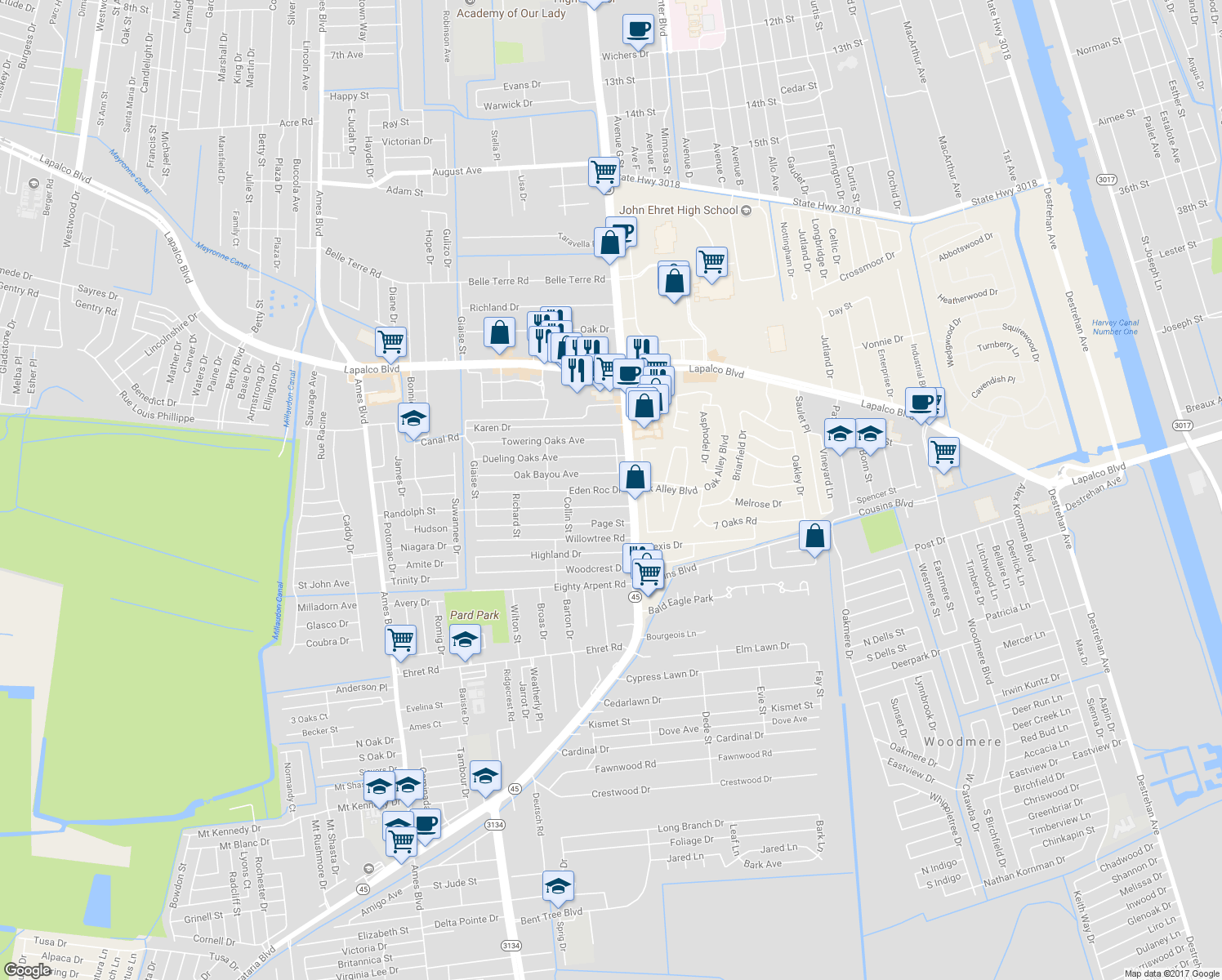 map of restaurants, bars, coffee shops, grocery stores, and more near 5020 Eden Roc Drive in Marrero