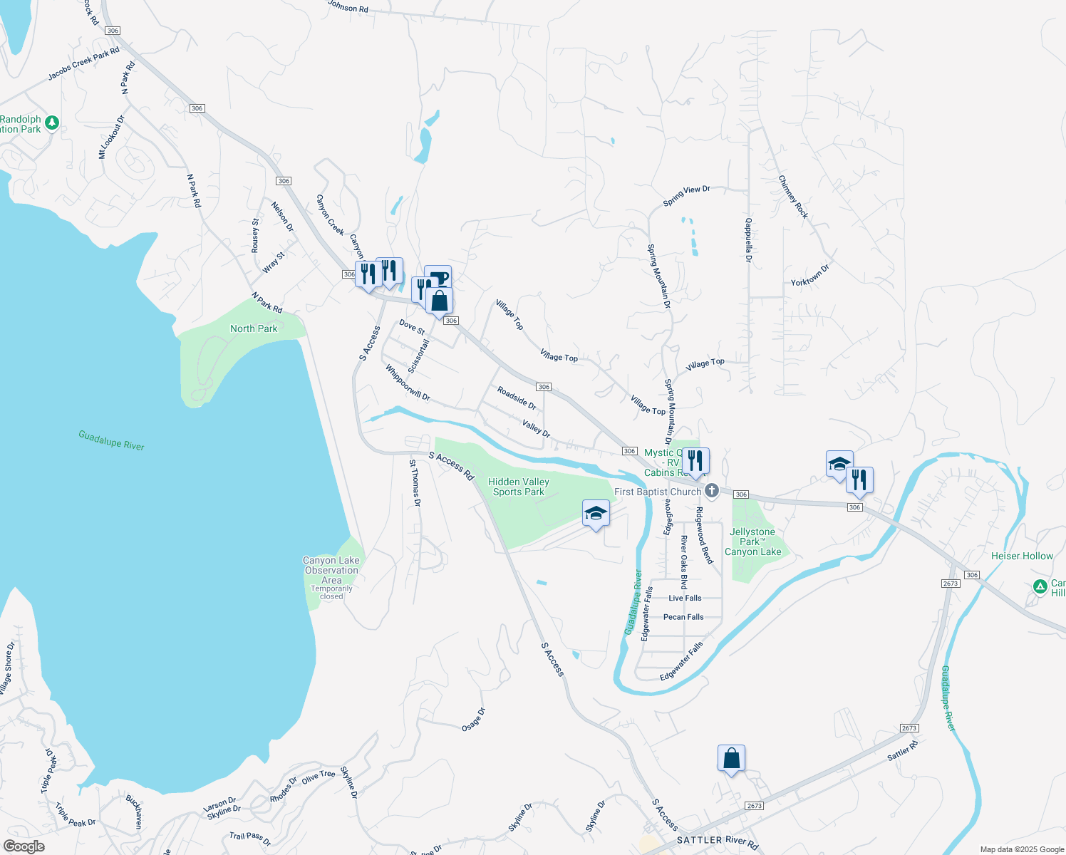 map of restaurants, bars, coffee shops, grocery stores, and more near 1719 Valley Drive in Canyon Lake