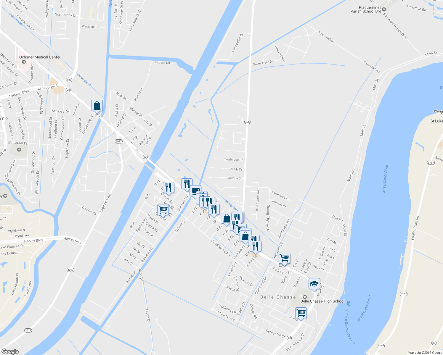 map of restaurants, bars, coffee shops, grocery stores, and more near 113 Victoria Drive in Belle Chasse