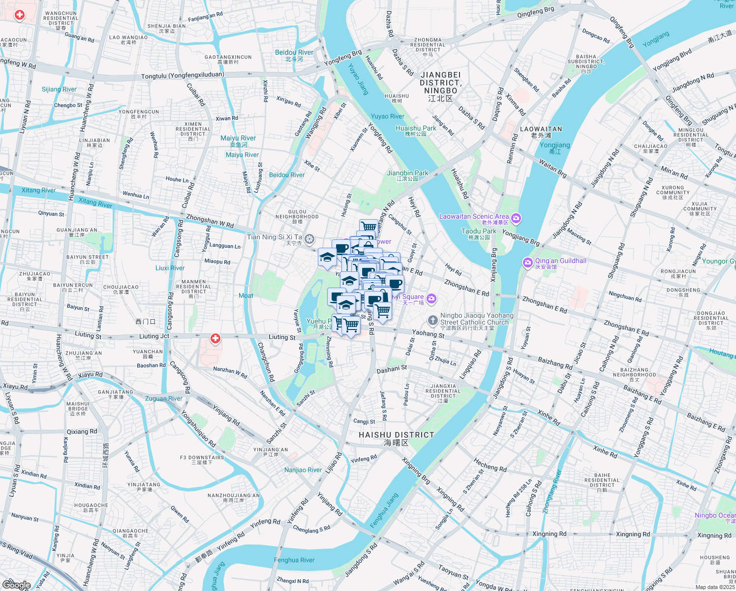 map of restaurants, bars, coffee shops, grocery stores, and more near in Ningbo Shi
