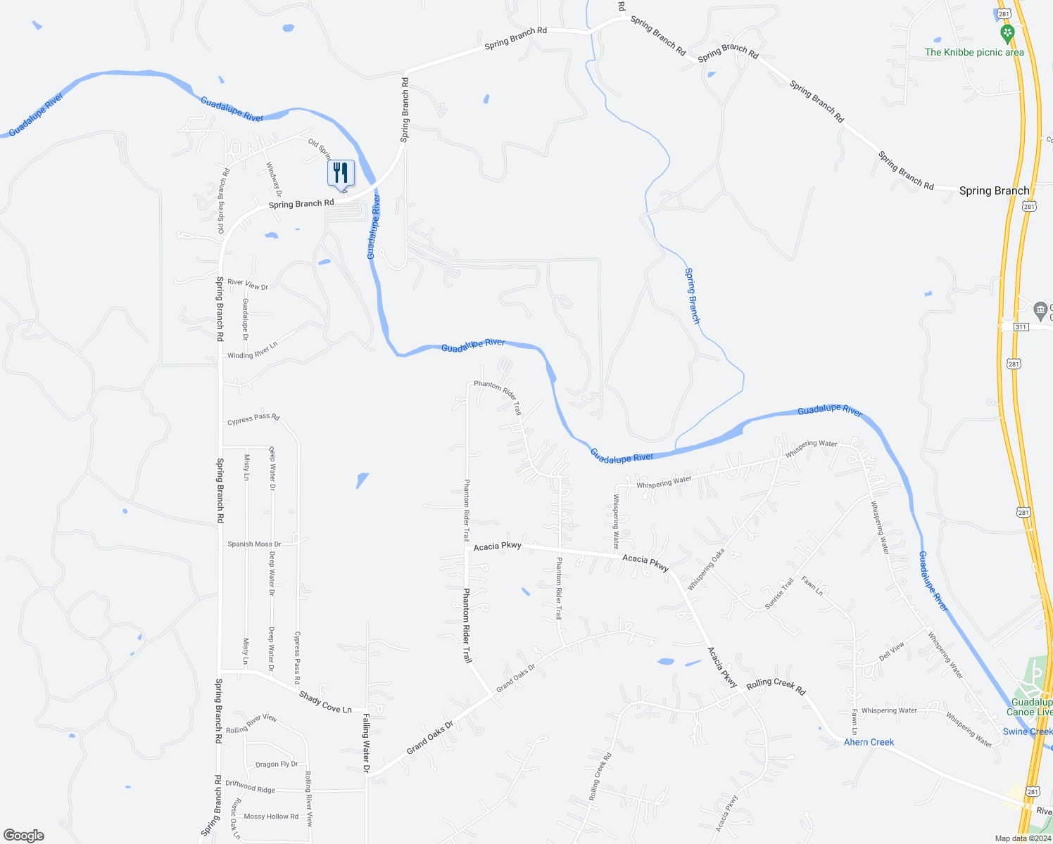 map of restaurants, bars, coffee shops, grocery stores, and more near 1509 Phantom Rider Trail in Spring Branch