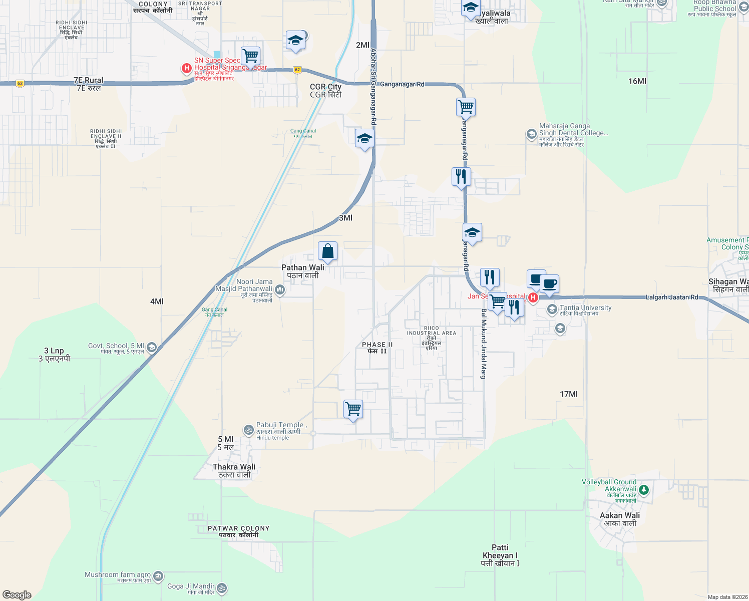map of restaurants, bars, coffee shops, grocery stores, and more near park road in Sri Ganganagar