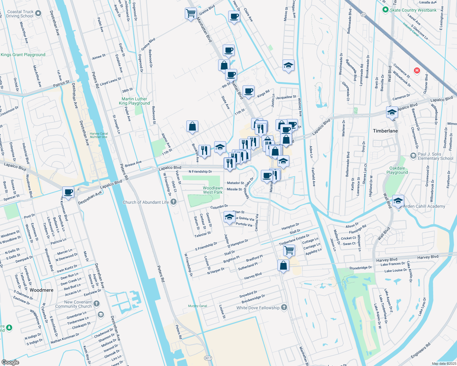 map of restaurants, bars, coffee shops, grocery stores, and more near 2149 Matador Street in Harvey
