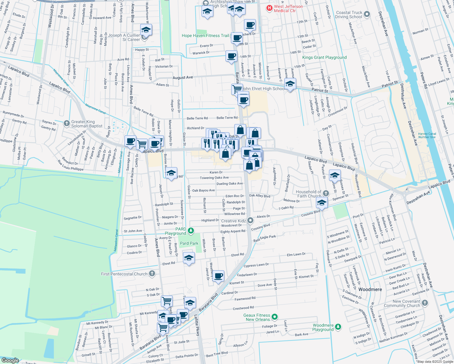 map of restaurants, bars, coffee shops, grocery stores, and more near 5057 Dueling Oaks Avenue in Marrero