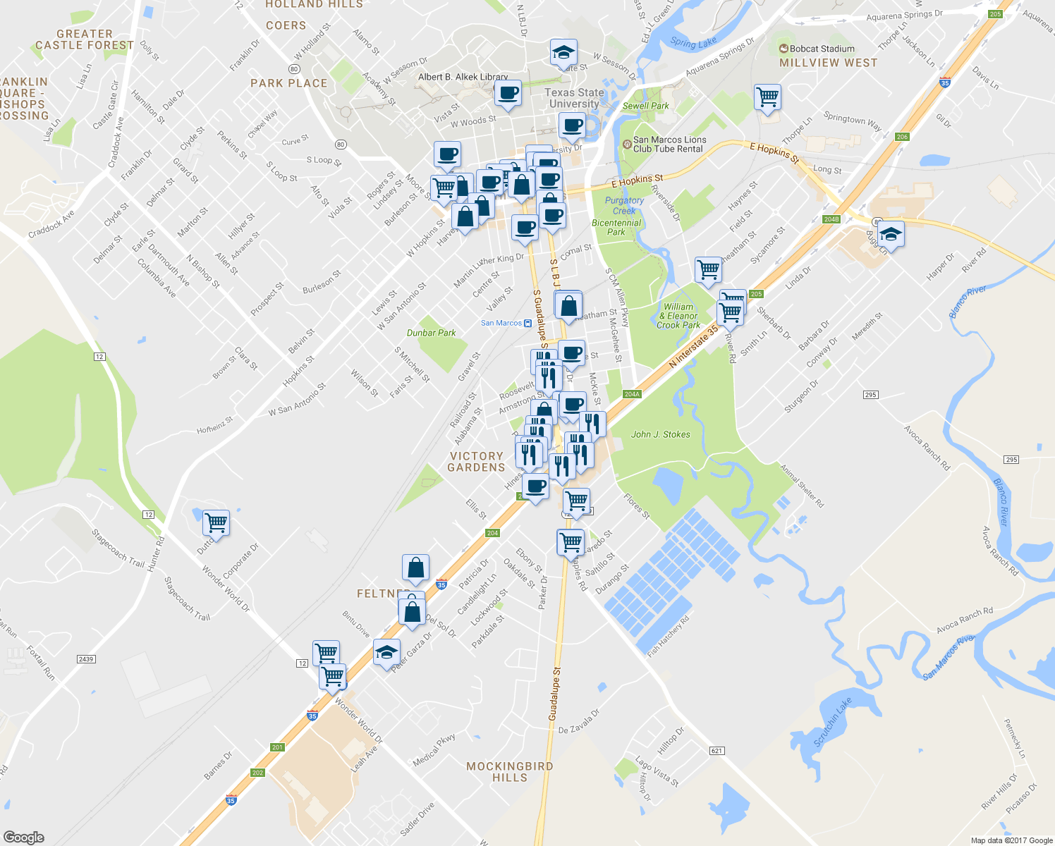 map of restaurants, bars, coffee shops, grocery stores, and more near 211 Knox Street in San Marcos