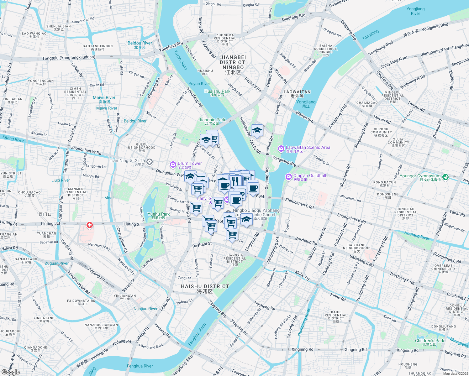 map of restaurants, bars, coffee shops, grocery stores, and more near Zhong Shan Dong Lu in Ning Bo Shi