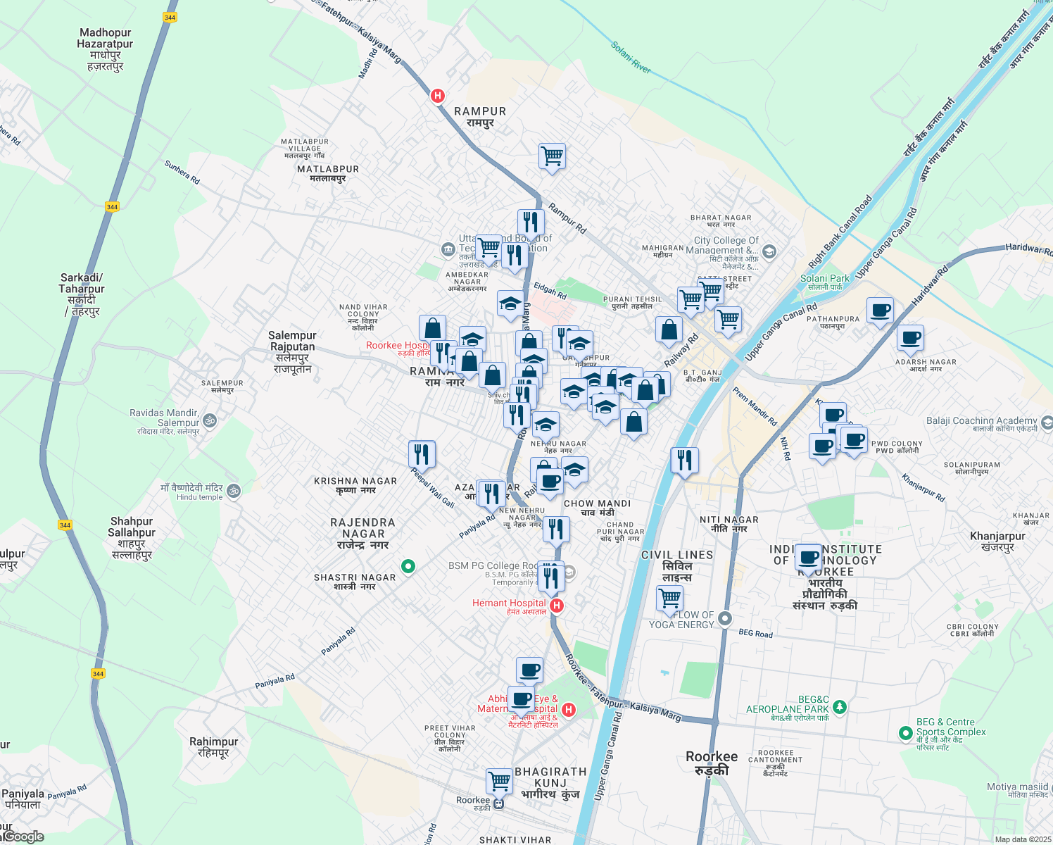 map of restaurants, bars, coffee shops, grocery stores, and more near Dehradun Road in Roorkee