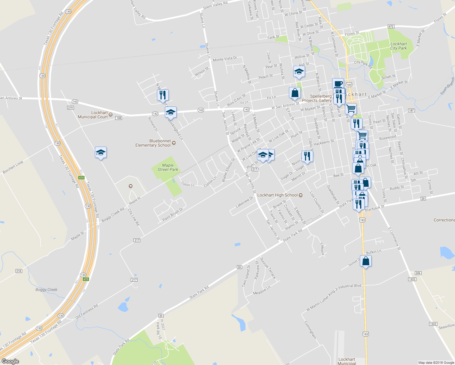 map of restaurants, bars, coffee shops, grocery stores, and more near 515 Caribbean Street in Lockhart