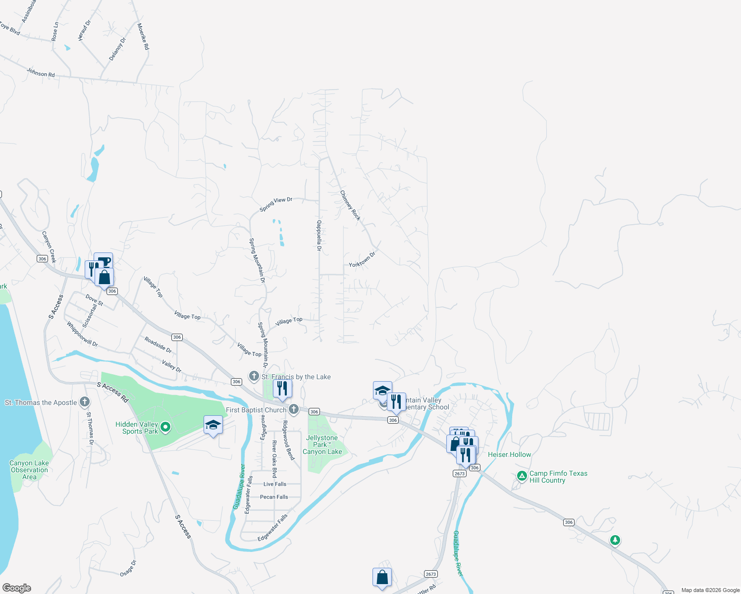 map of restaurants, bars, coffee shops, grocery stores, and more near 428 Kings Drive in Canyon Lake