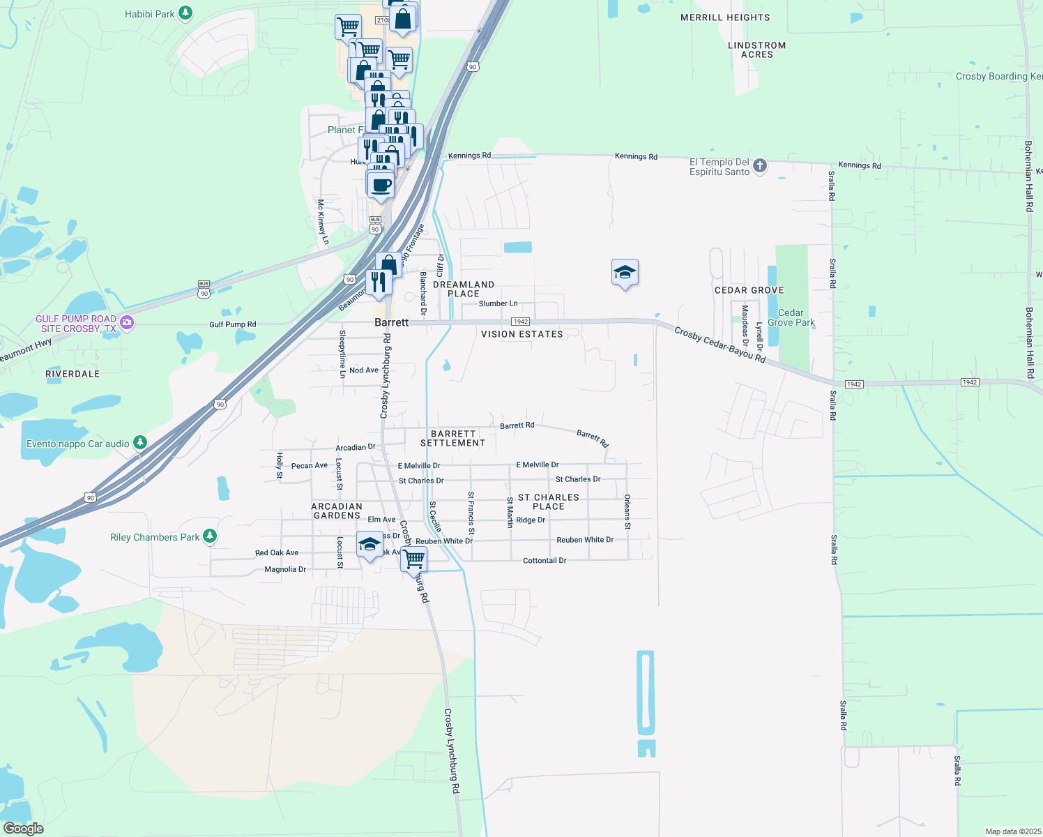 map of restaurants, bars, coffee shops, grocery stores, and more near 433 Barrett Road in Crosby