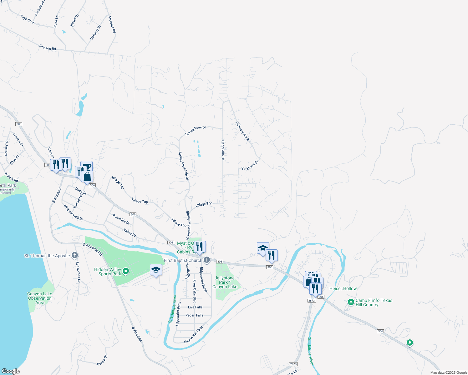 map of restaurants, bars, coffee shops, grocery stores, and more near 825 Regina Drive in Canyon Lake