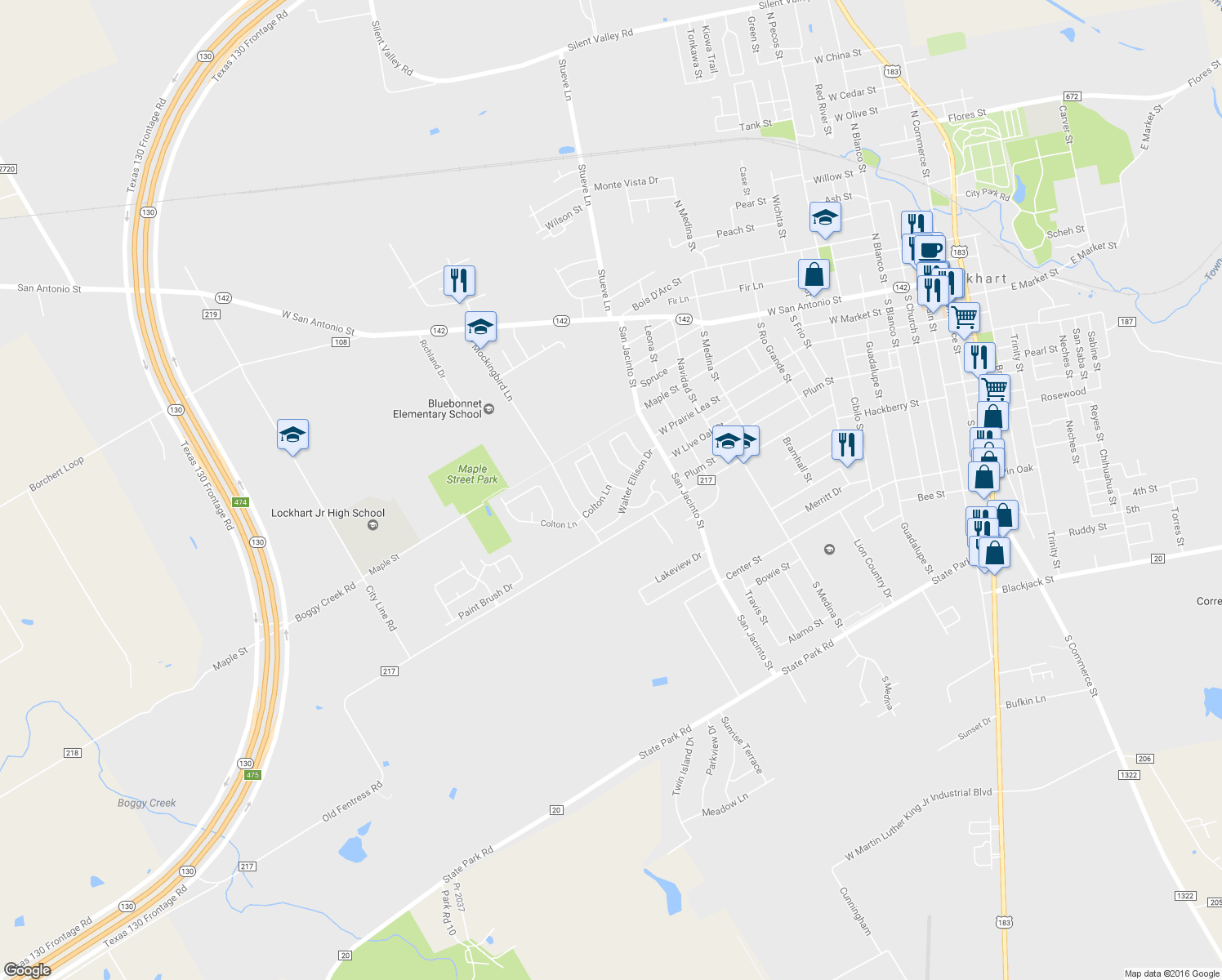map of restaurants, bars, coffee shops, grocery stores, and more near 1316 Colton Lane in Lockhart