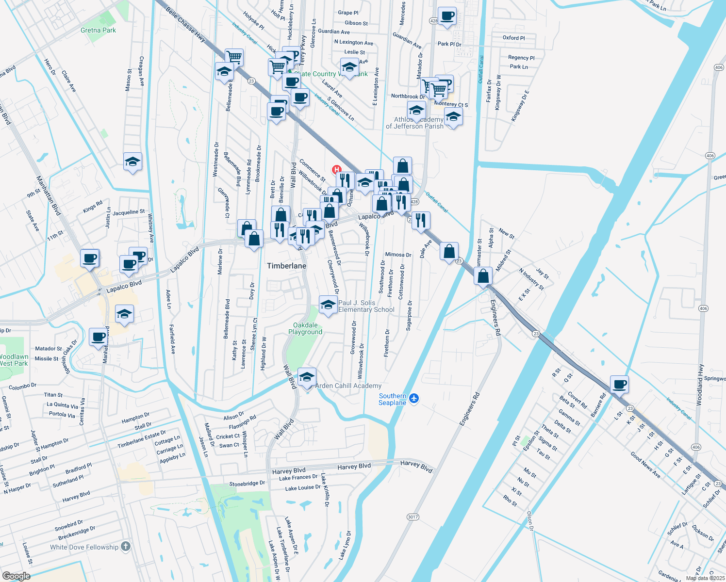 map of restaurants, bars, coffee shops, grocery stores, and more near 444 Willowbrook Drive in Gretna