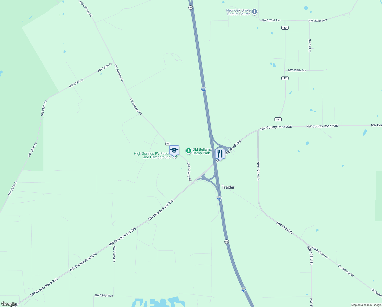 map of restaurants, bars, coffee shops, grocery stores, and more near 24029 Old Bellamy Road in High Springs