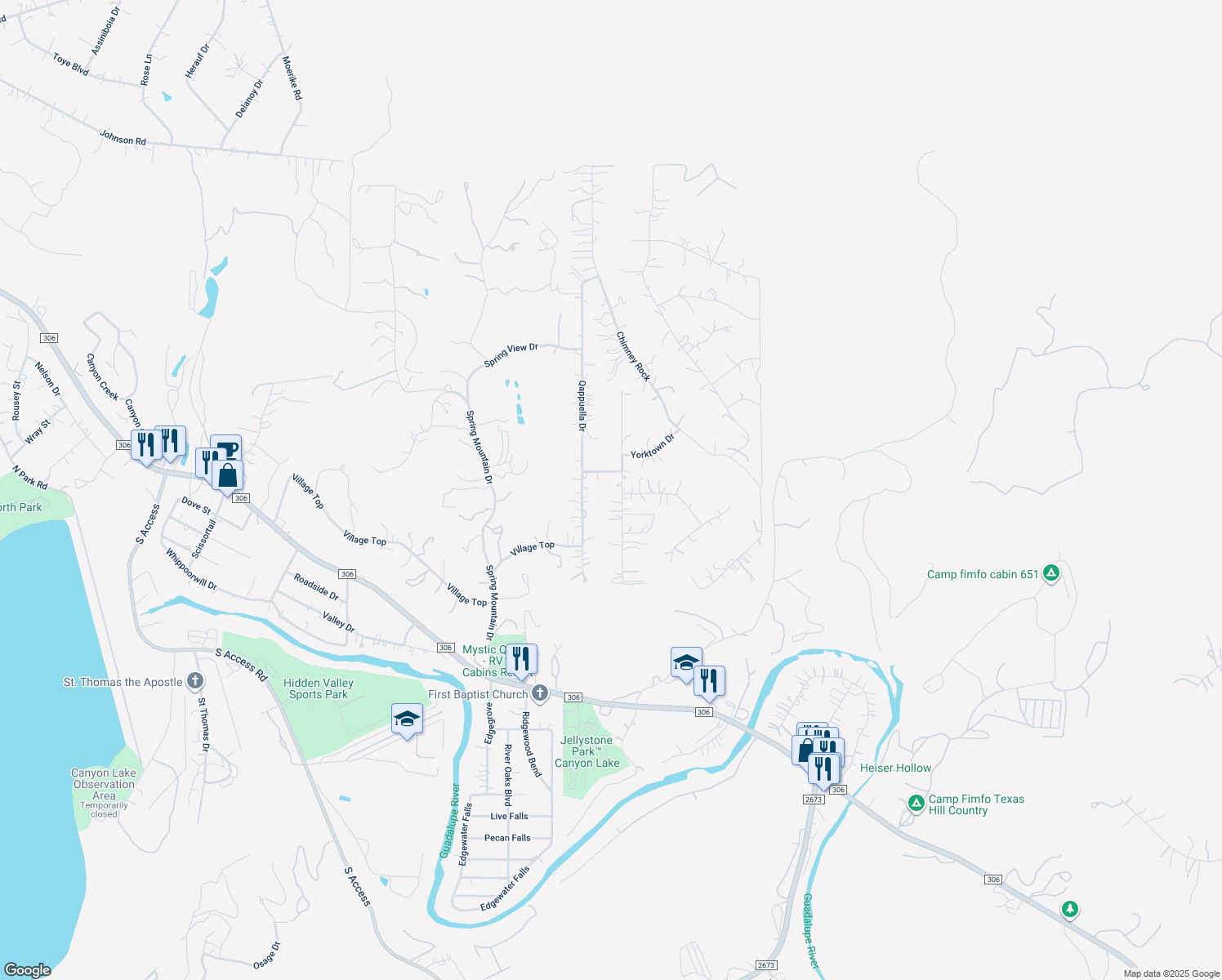 map of restaurants, bars, coffee shops, grocery stores, and more near 825 Regina Drive in Canyon Lake